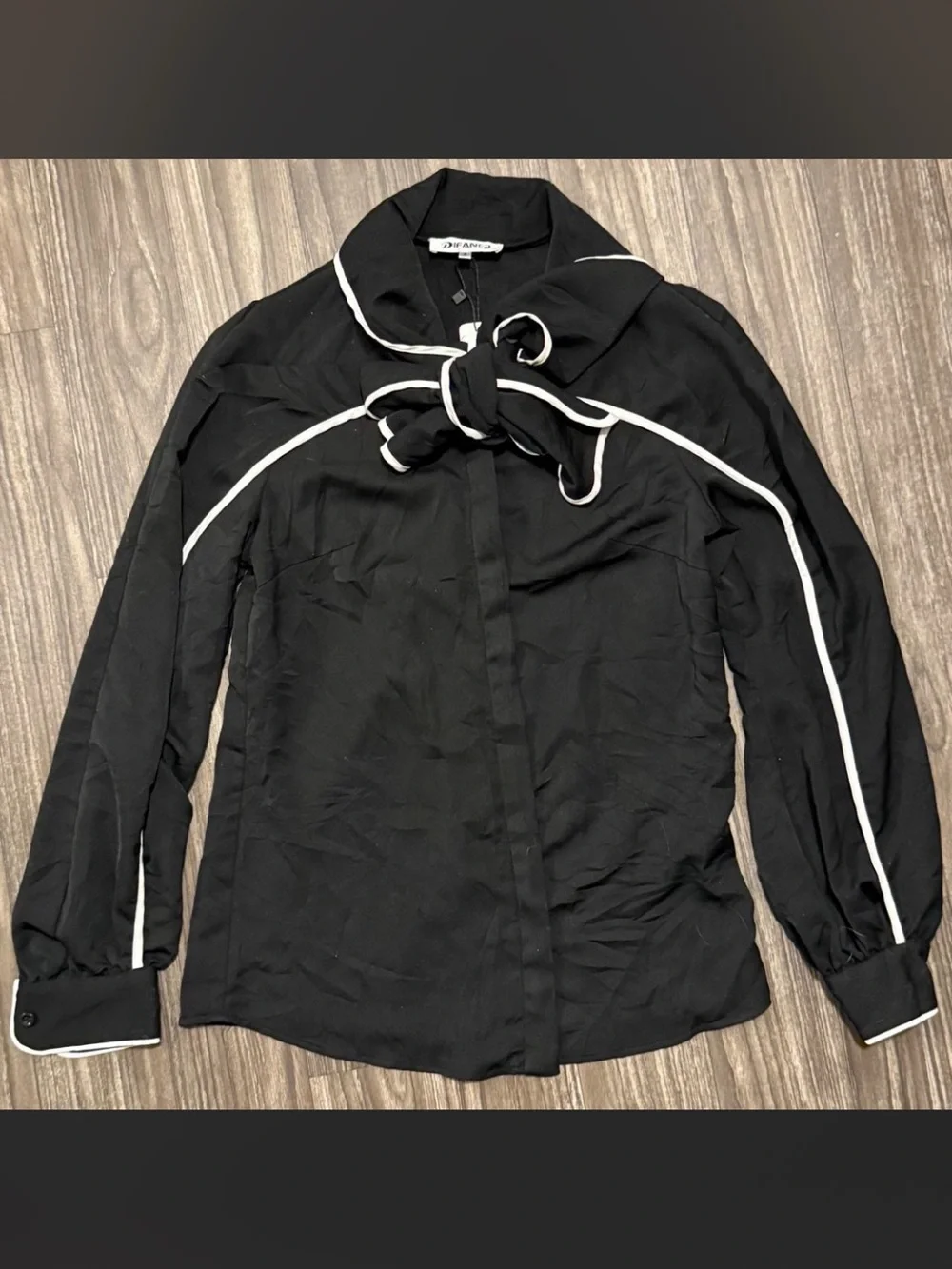 Women’s Black Blouse with White Piping and Neck Bow